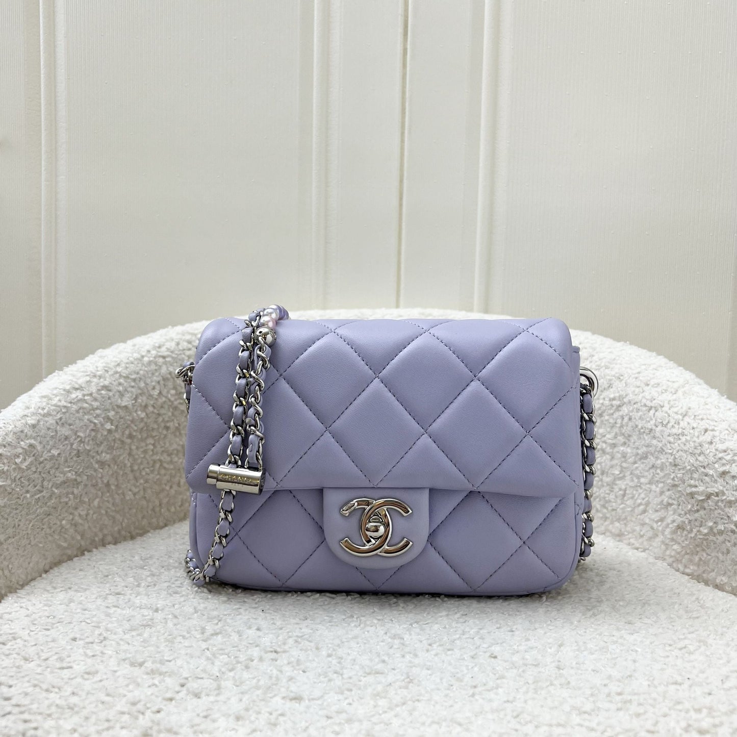 Chanel Perfect Mini Flap Bag in Lilac Lambskin with Pearl and Leather Chain (Adjustable) SHW