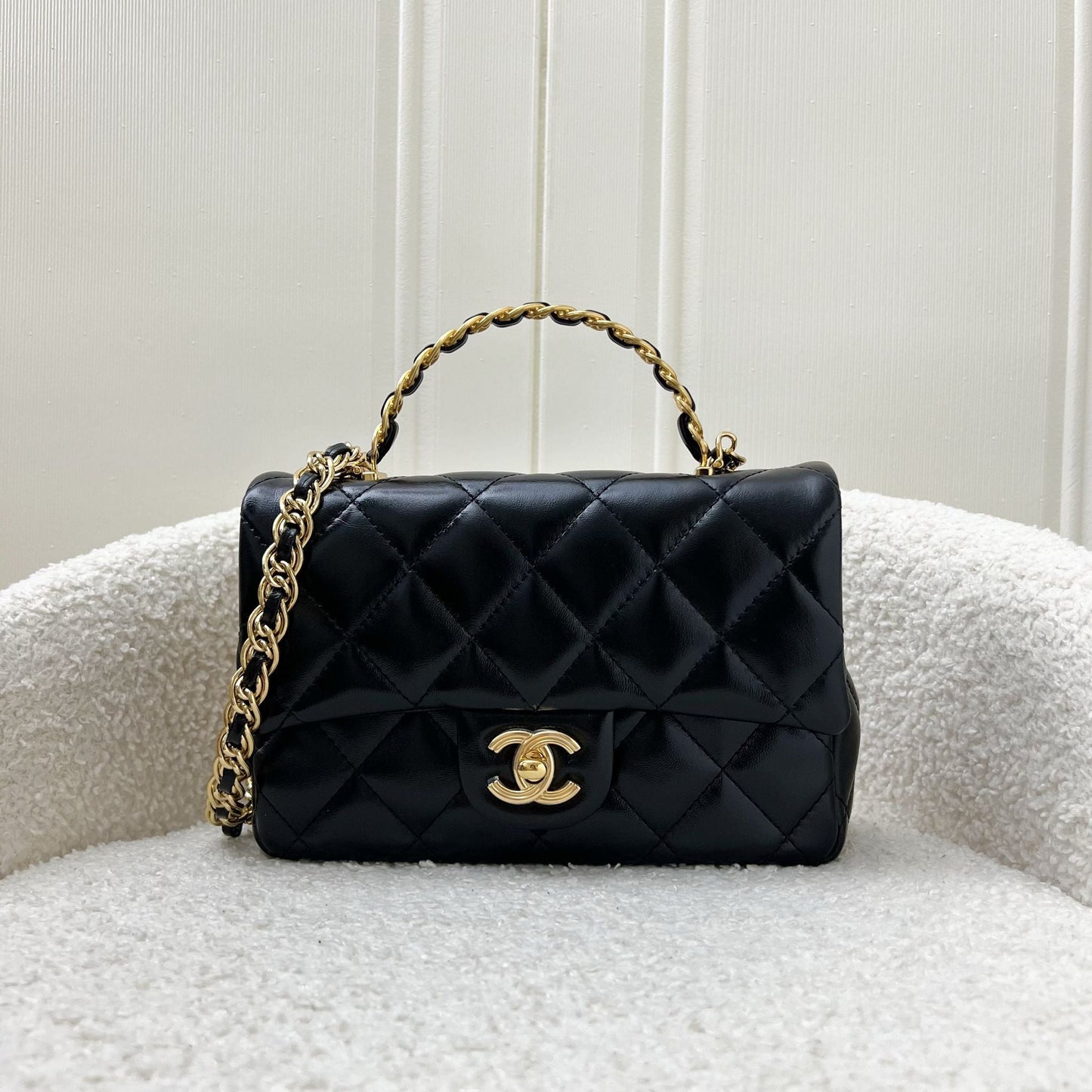 Chanel Top Handle Small / Mini Flap in Black Lambskin and Shiny GHW Bag