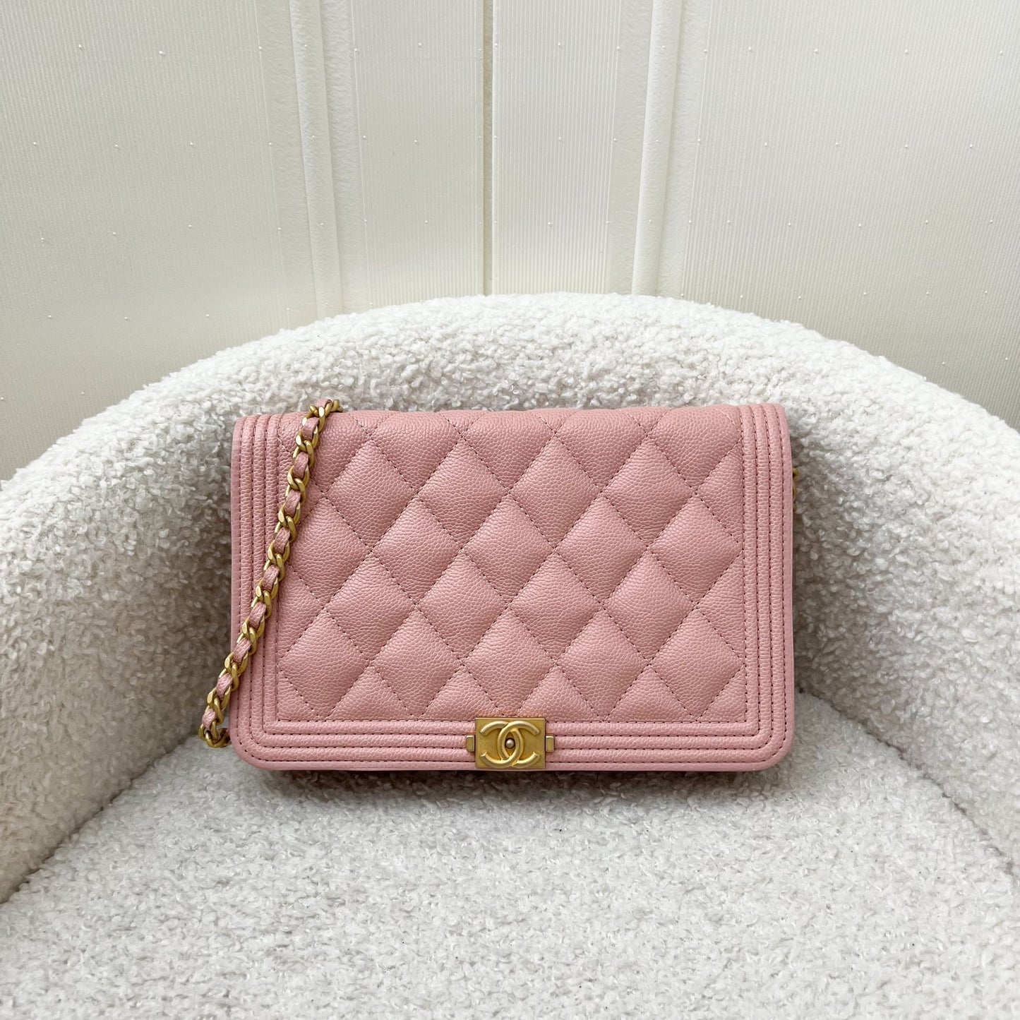 Chanel Boy Wallet on Chain WOC in Light Pink Caviar and AGHW Bag