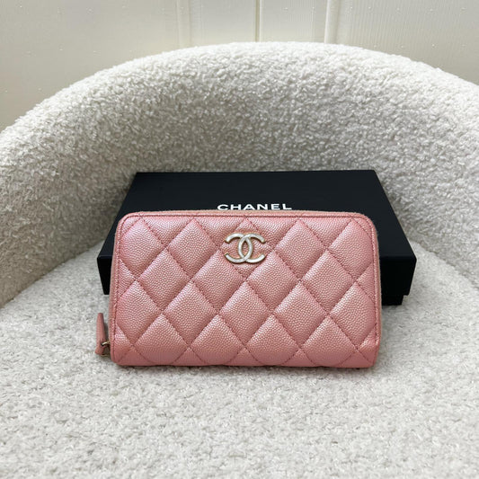 Chanel Medium Mid-Length Wallet in Iridescent Pink Caviar and MOP Logo