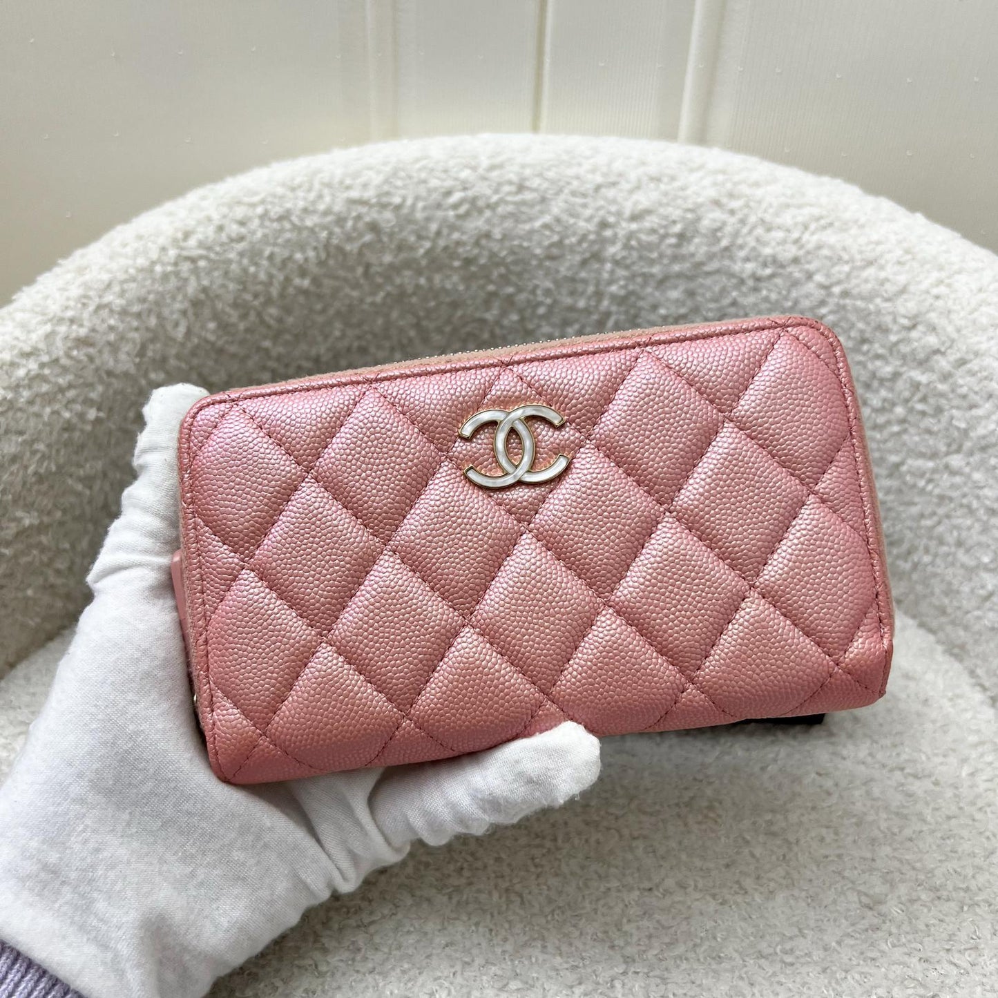 Chanel Medium Mid-Length Wallet in Iridescent Pink Caviar and MOP Logo
