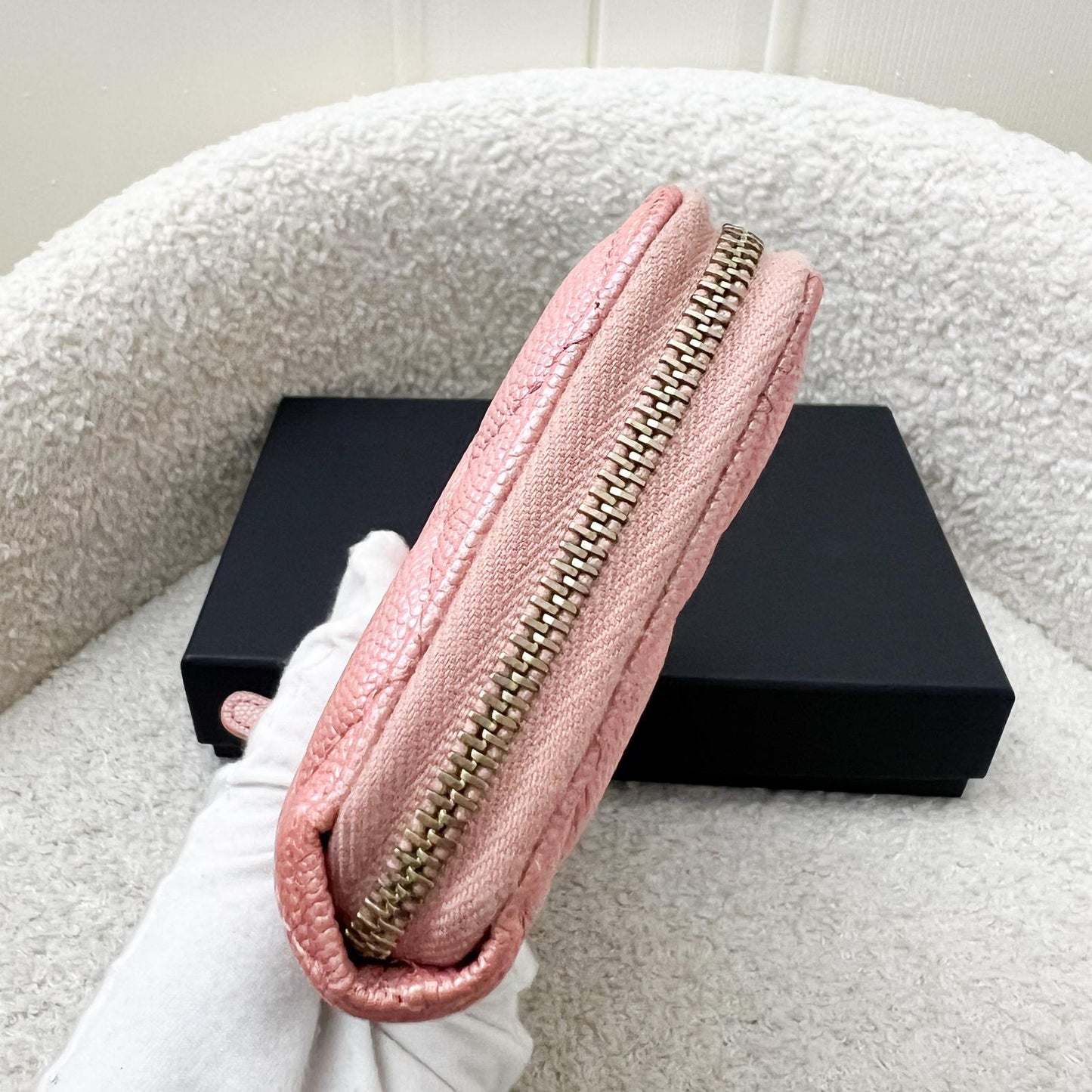 Chanel Medium Mid-Length Wallet in Iridescent Pink Caviar and MOP Logo