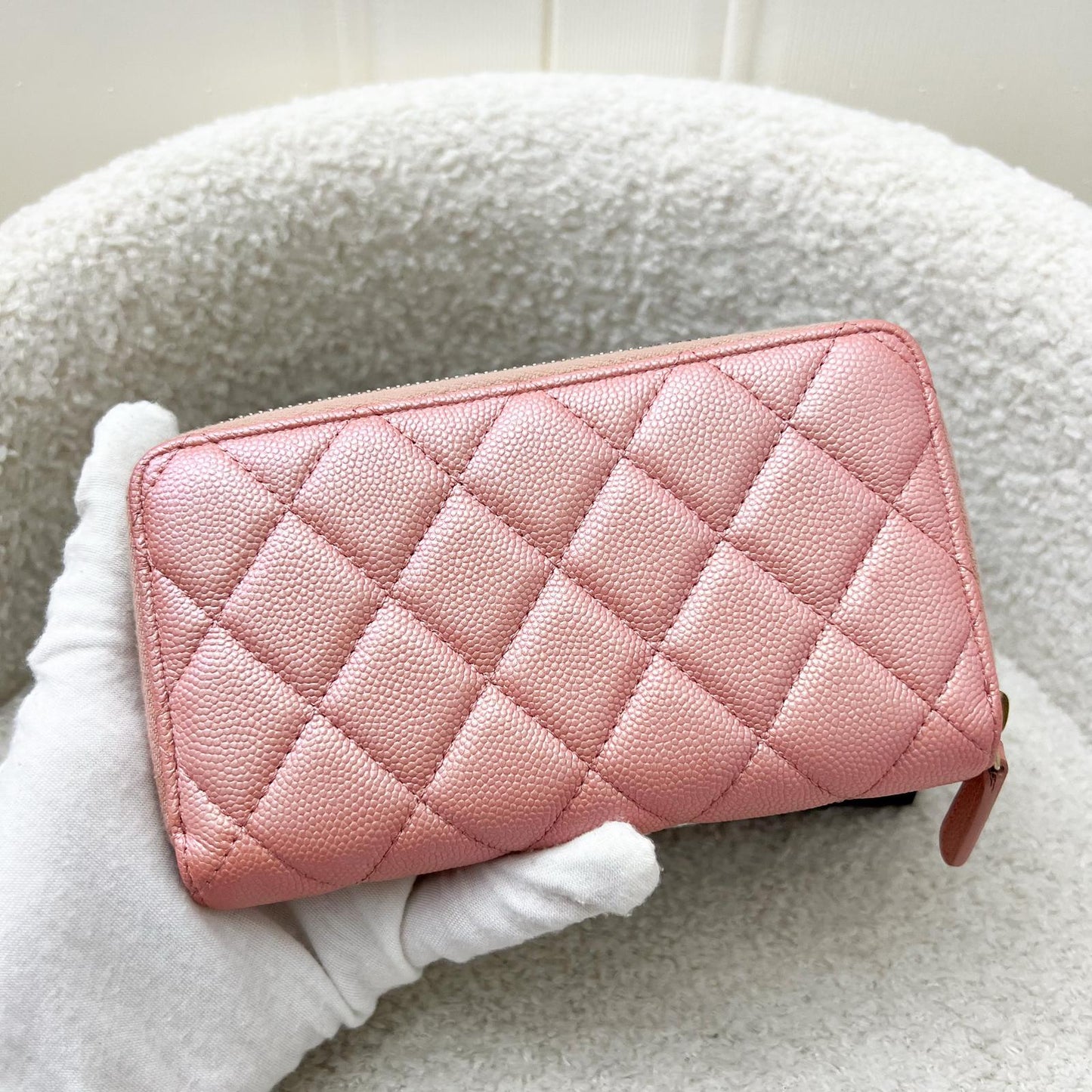 Chanel Medium Mid-Length Wallet in Iridescent Pink Caviar and MOP Logo