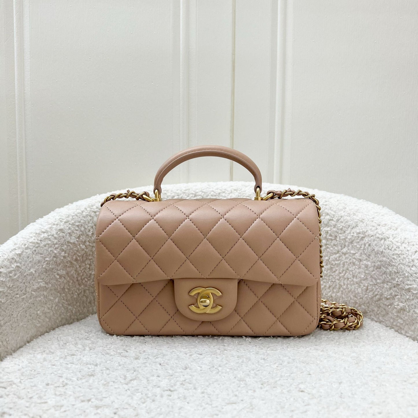 Chanel Top Handle Mini Rectangle Flap in Rose Beige Lambskin in AGHW Bag