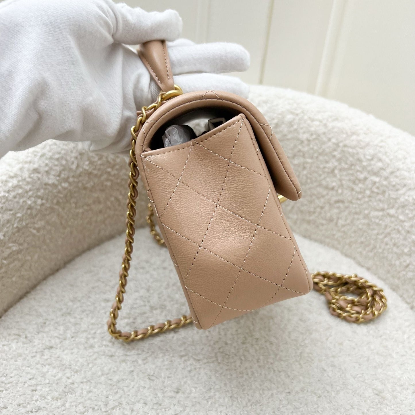 Chanel Top Handle Mini Rectangle Flap in Rose Beige Lambskin in AGHW Bag