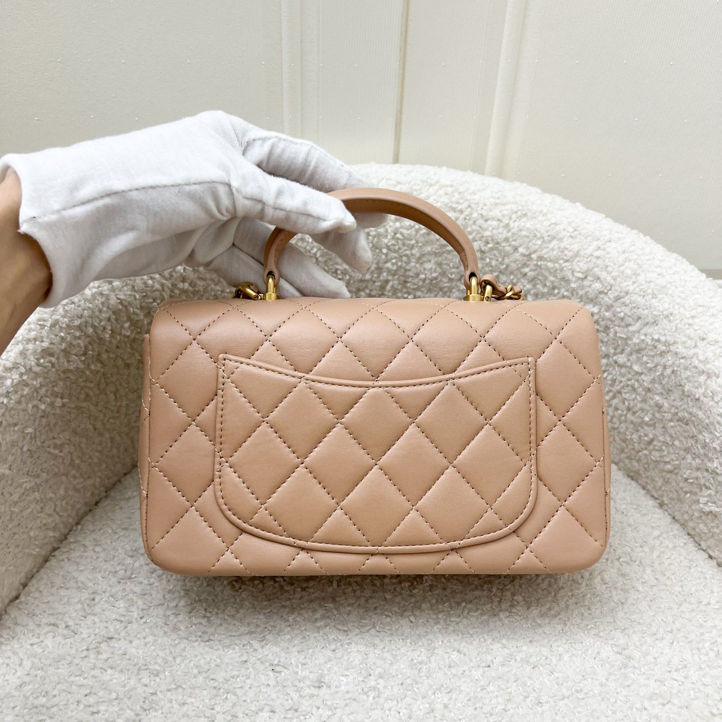 Chanel Top Handle Mini Rectangle Flap in Rose Beige Lambskin in AGHW Bag