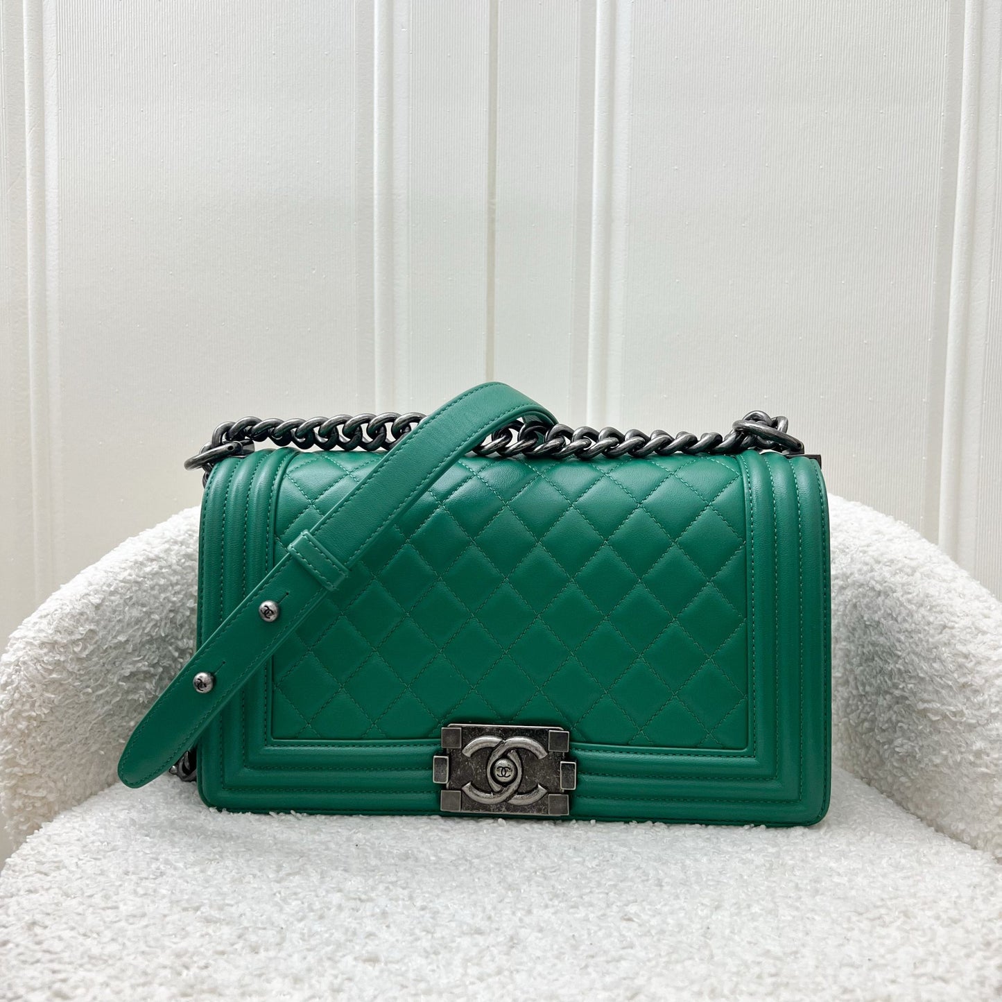 Chanel Medium Boy Flap in Green Lambskin and RHW Accessory