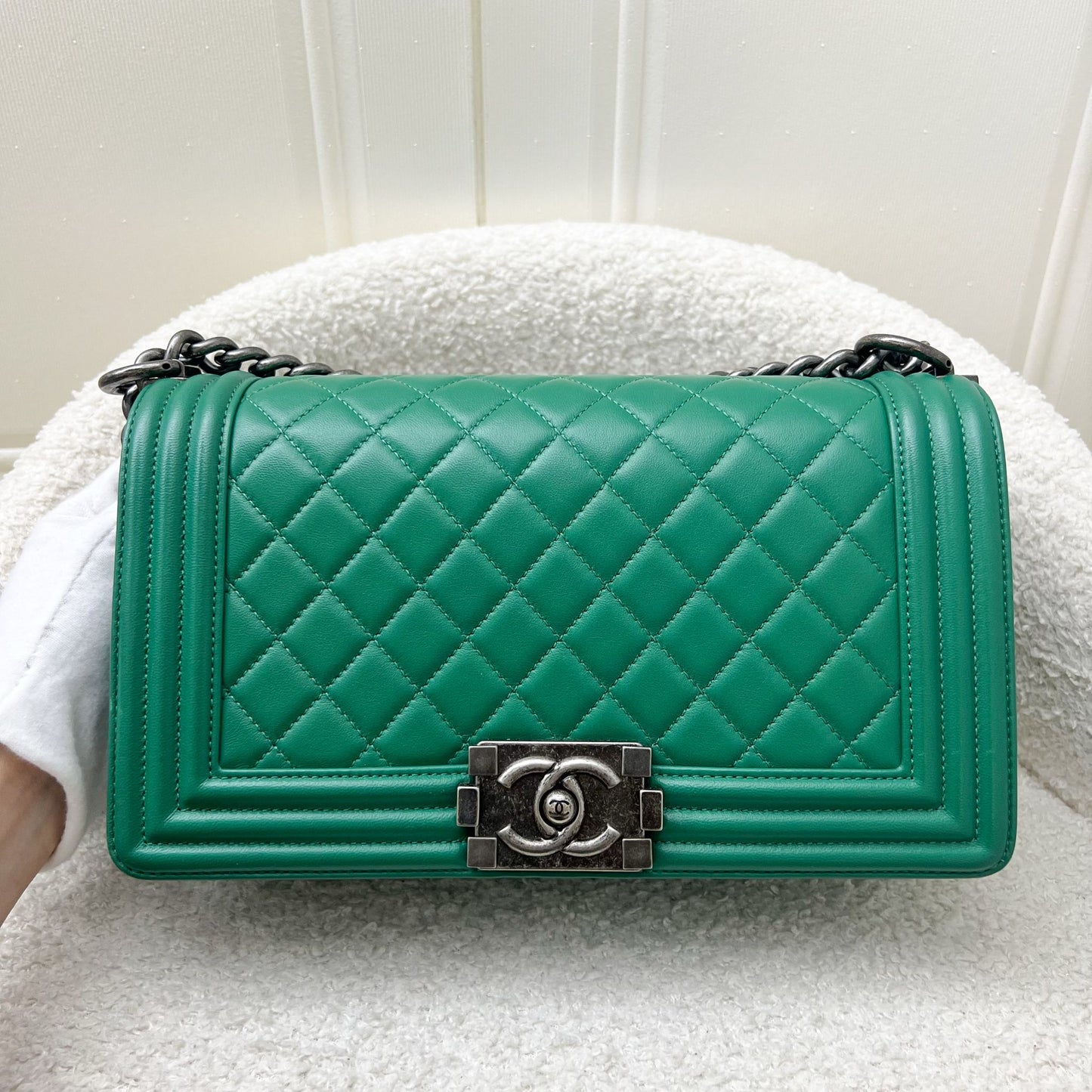 Chanel Medium Boy Flap in Green Lambskin and RHW Accessory