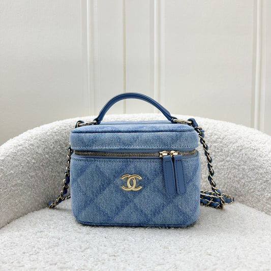 Chanel Cheer for Vanity Case with Top Handle in Light Blue Denim Fabric and AGHW