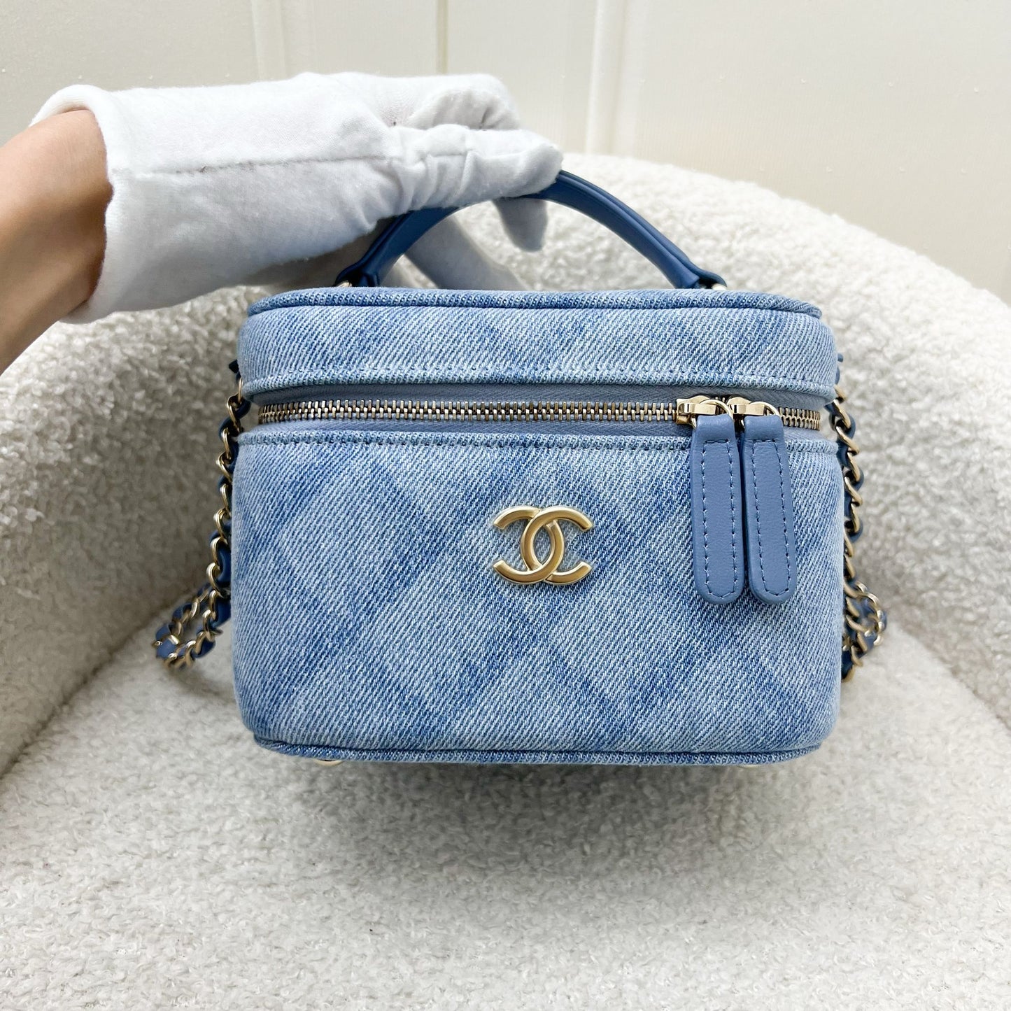 Chanel Cheer for Vanity Case with Top Handle in Light Blue Denim Fabric and AGHW