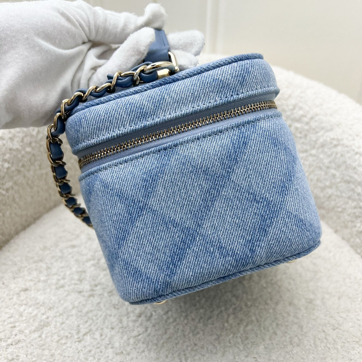 Chanel Cheer for Vanity Case with Top Handle in Light Blue Denim Fabric and AGHW