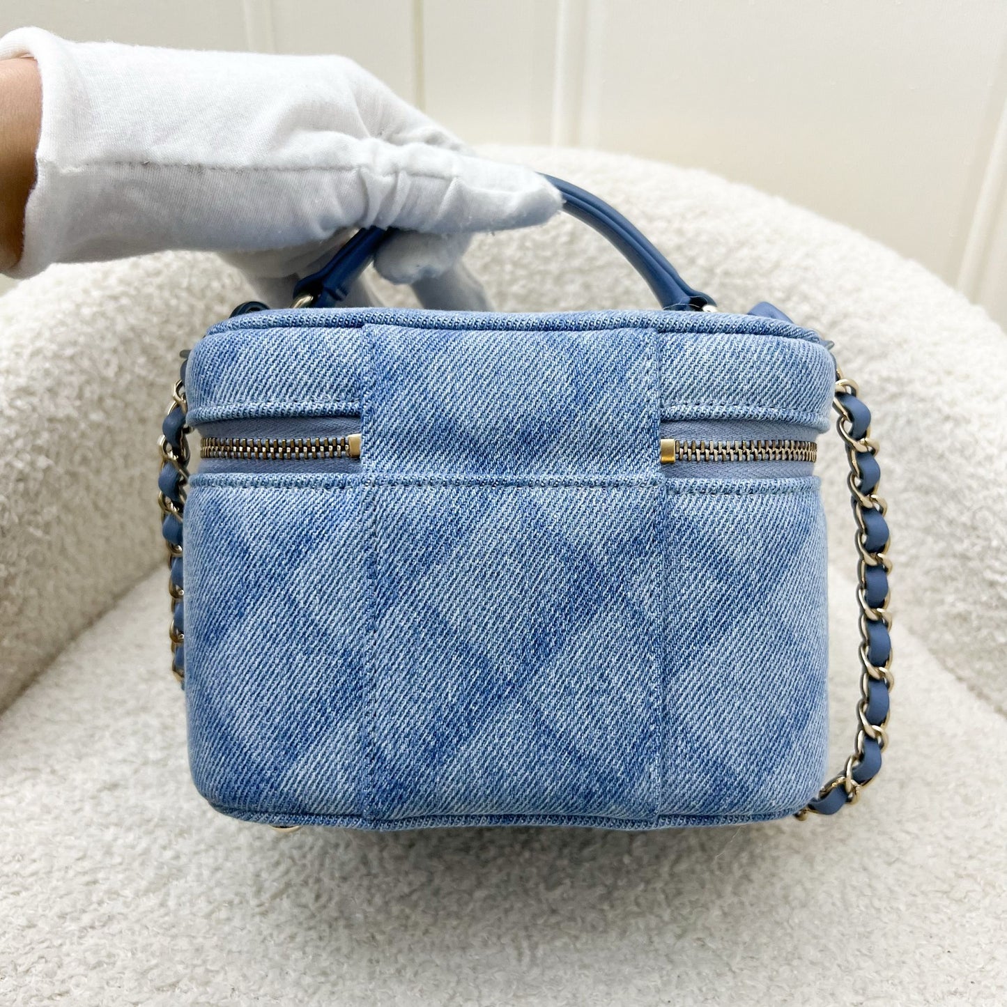 Chanel Cheer for Vanity Case with Top Handle in Light Blue Denim Fabric and AGHW