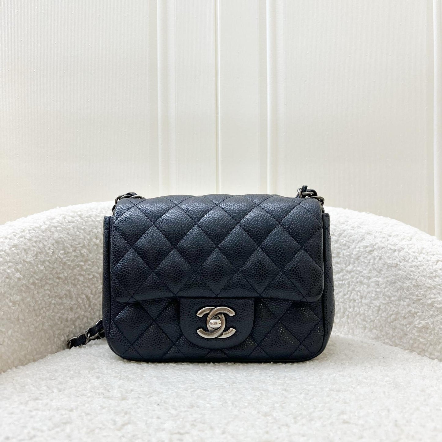 Chanel Classic Mini Square Flap in Navy Blue (Almost Black) Caviar and RHW Accessory