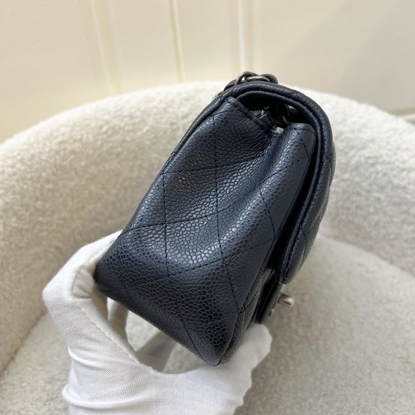 Chanel Classic Mini Square Flap in Navy Blue (Almost Black) Caviar and RHW Accessory