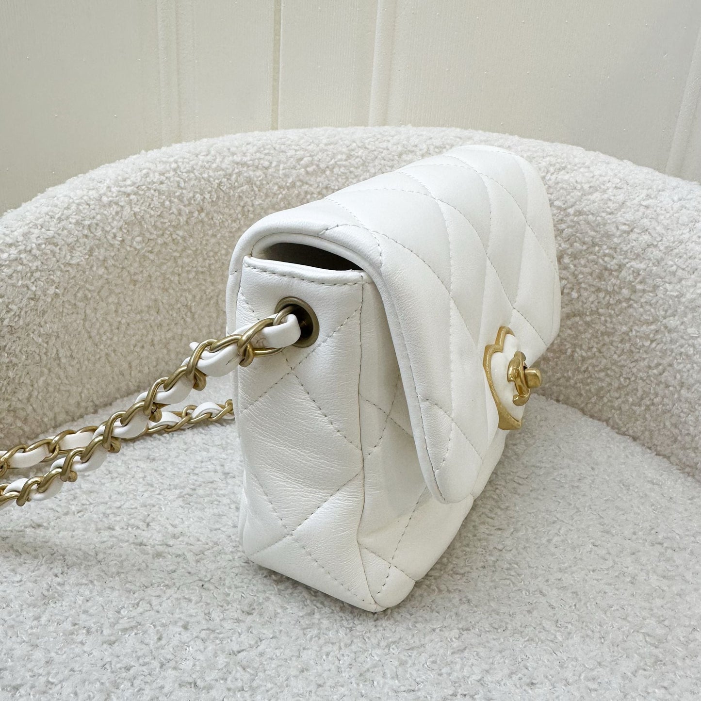 Chanel Heart Clasp Mini Flap in White Lambskin and AGHW Accessory