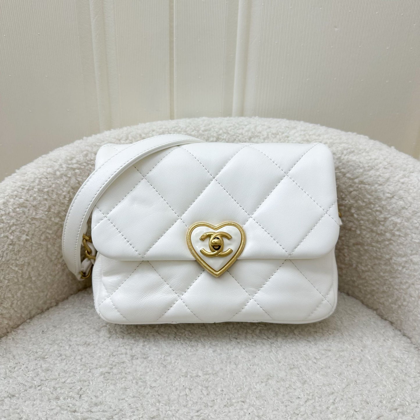 Chanel Heart Clasp Mini Flap in White Lambskin and AGHW Accessory