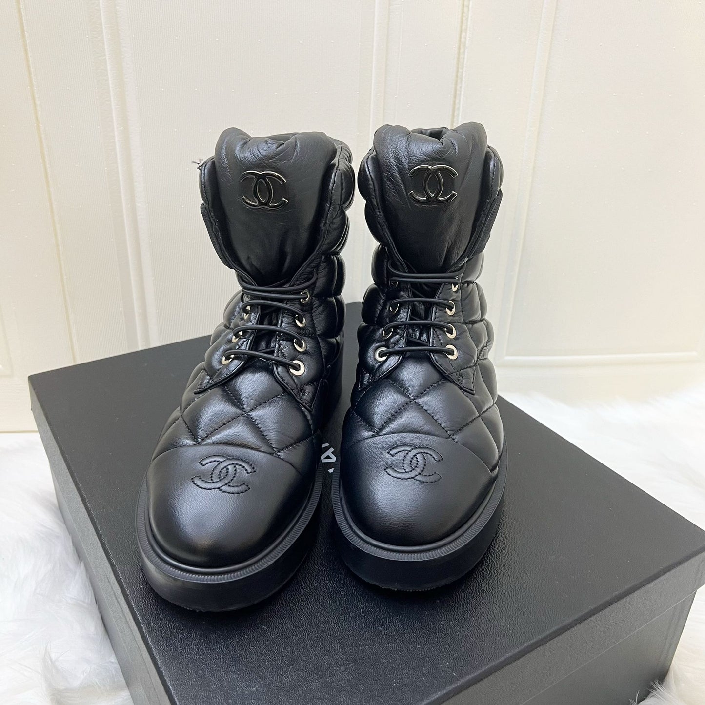 Chanel Boots in Black Leather and SHW Sz 37.5