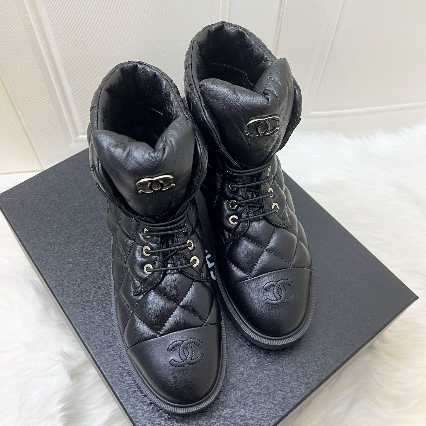 Chanel Boots in Black Leather and SHW Sz 37.5