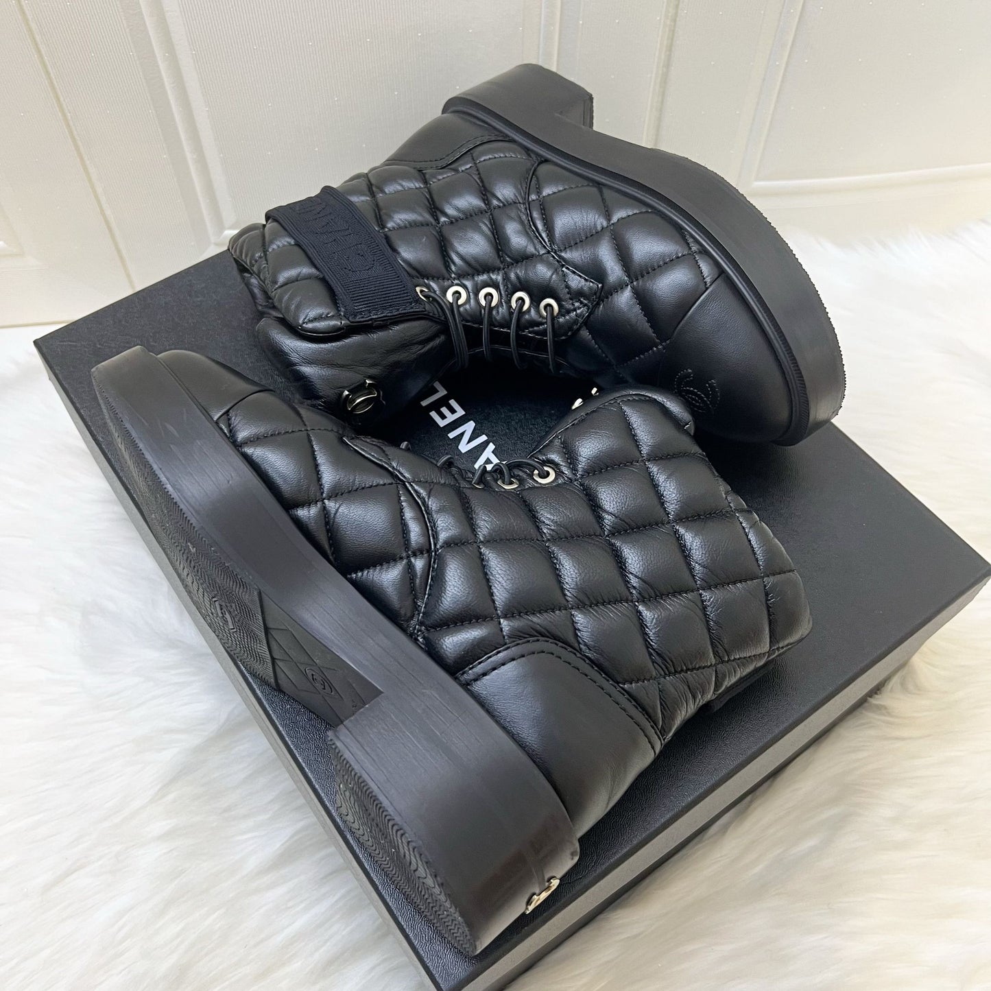 Chanel Boots in Black Leather and SHW Sz 37.5