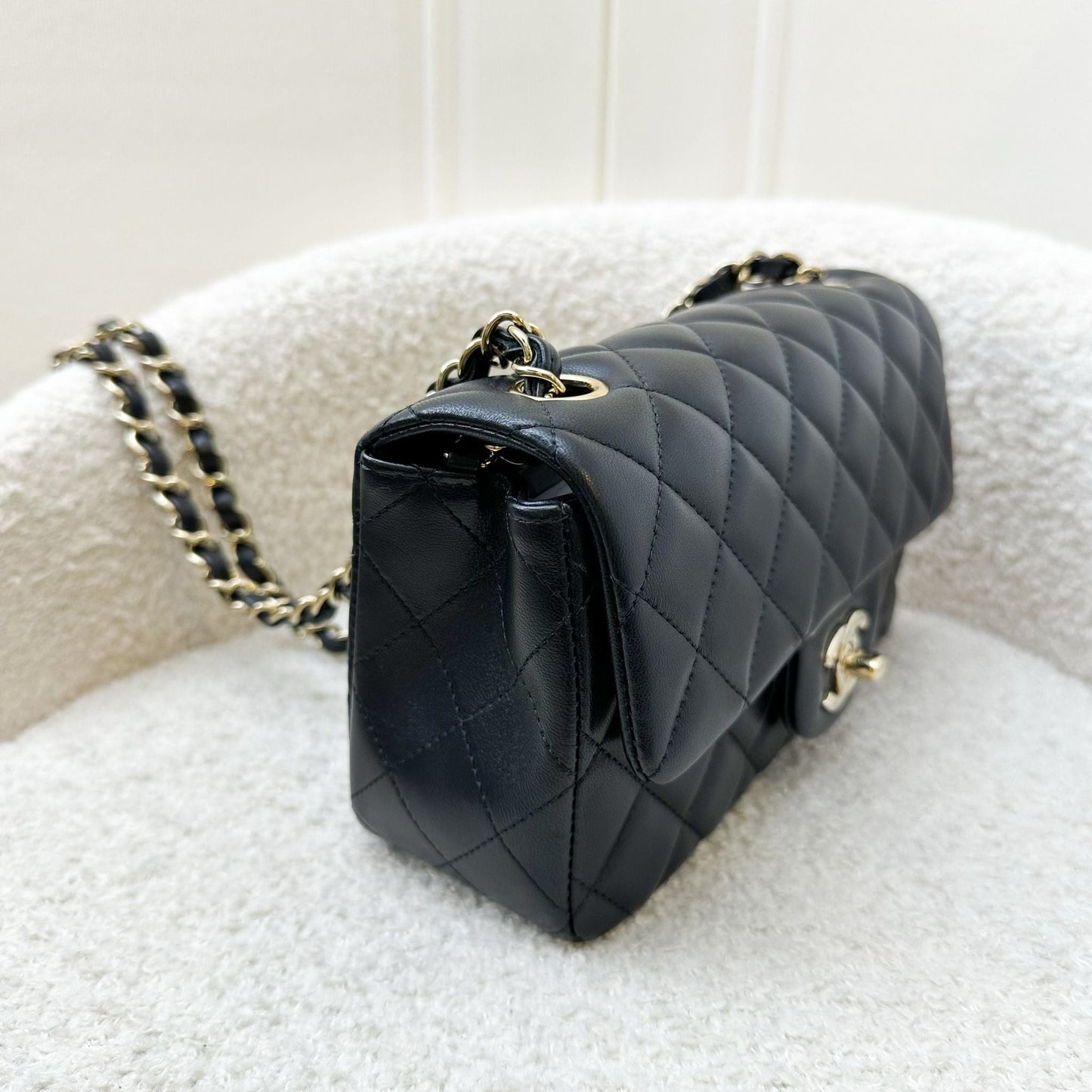 Chanel Classic Mini Rectangular Flap in Black Lambskin and LGHW Accessory