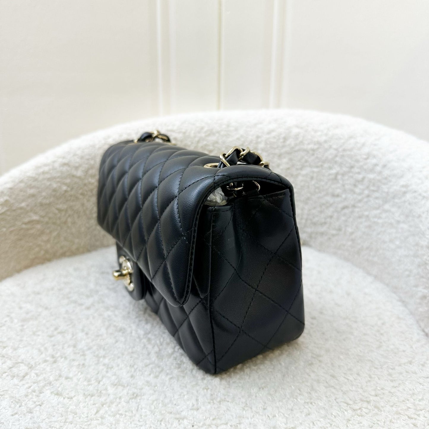 Chanel Classic Mini Rectangular Flap in Black Lambskin and LGHW Accessory