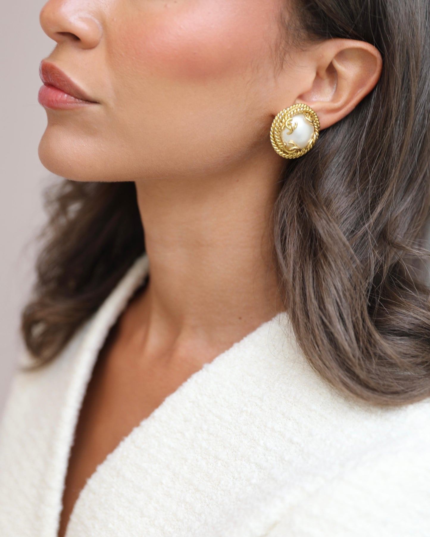 Chanel Gold and Pearl Round CC Logo Textured Earrings Jewelry