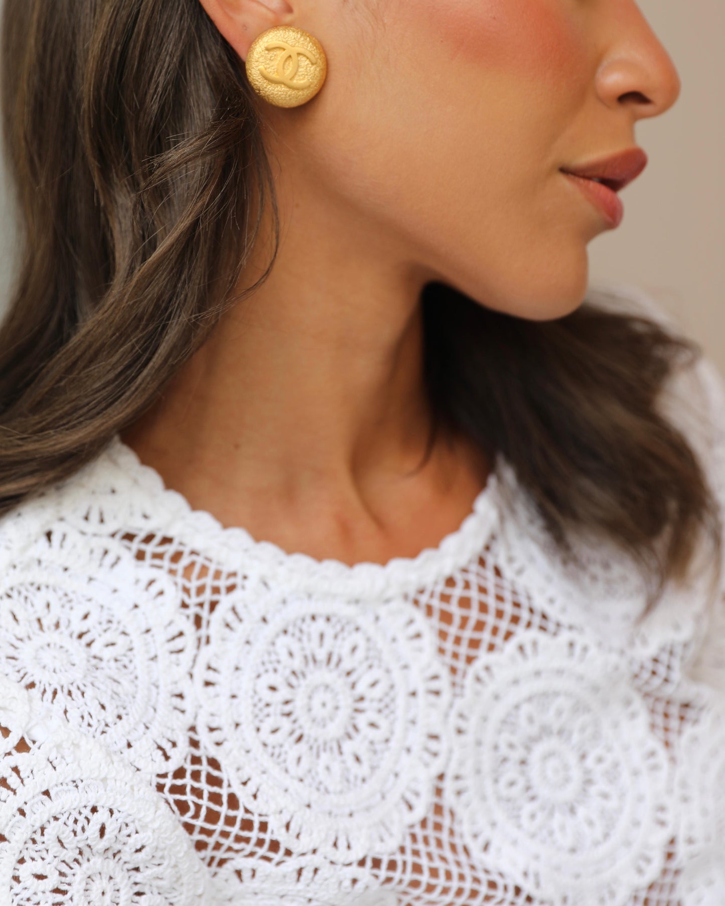 Chanel Gold Textured Round Clip-On Earrings with Gold CC Logo Jewelry