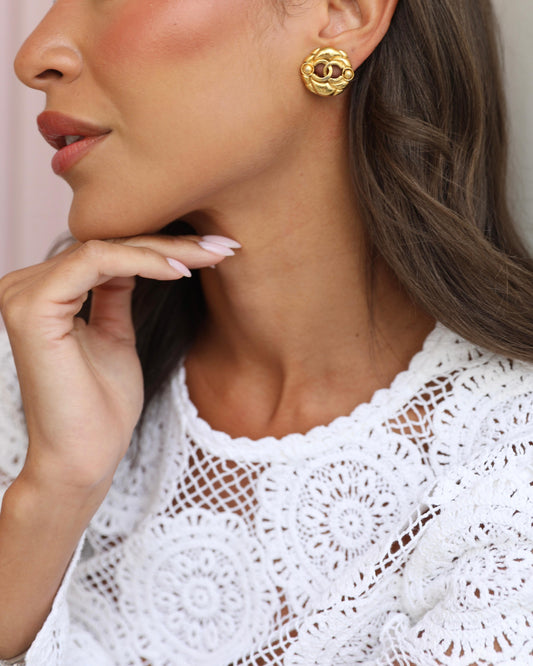 Chanel Yellow Gold Cut-Out Small Round Clip-On Earrings with CC Logo Jewelry