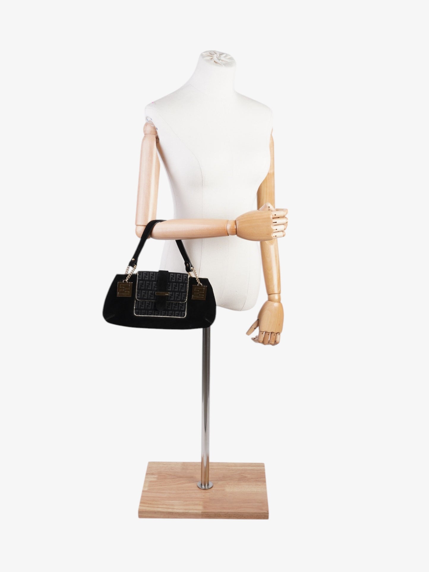 Fendi Zucchino Shoulder Bag Light Suede Black Gold