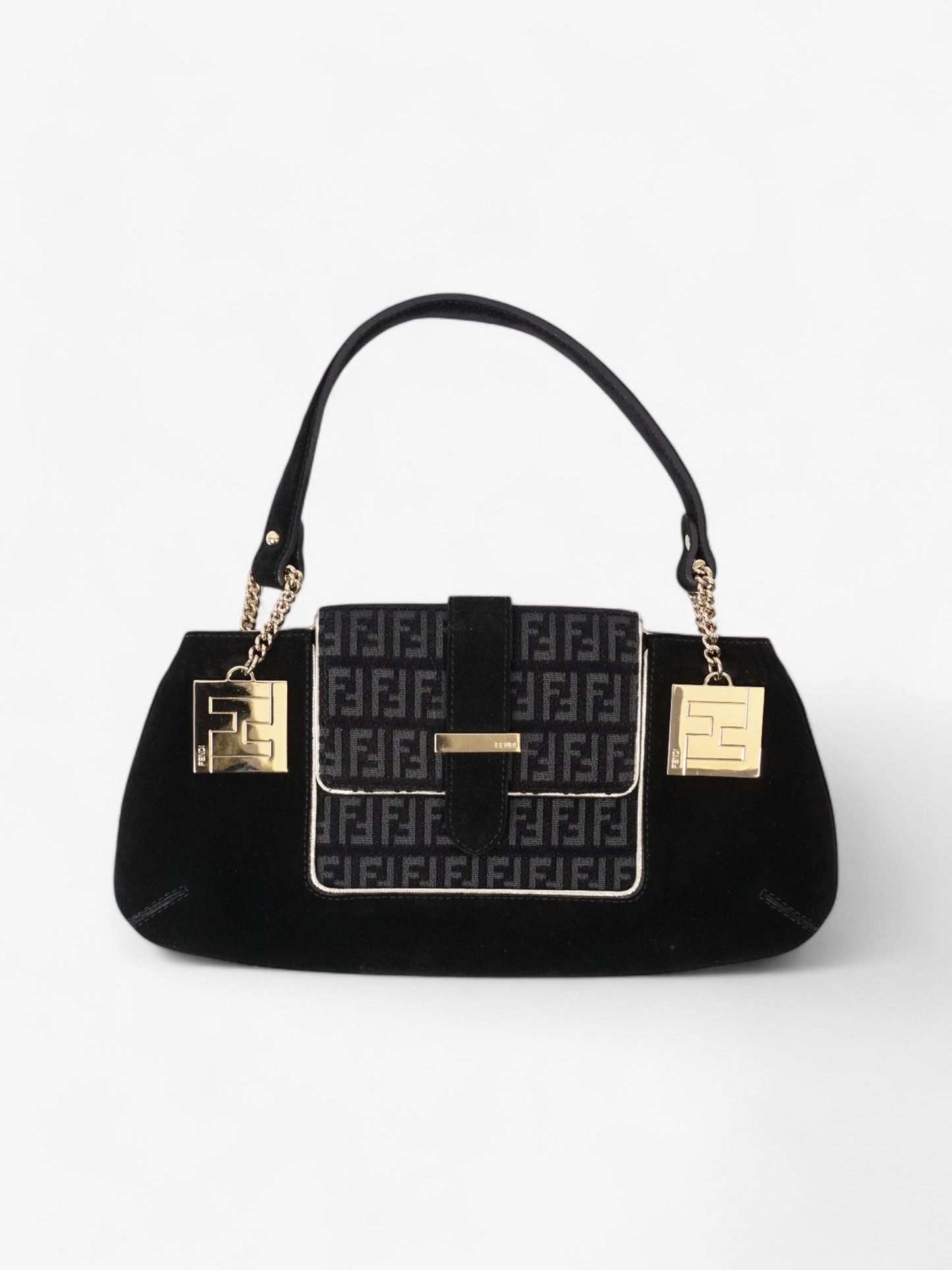 Fendi Zucchino Shoulder Bag Light Suede Black Gold