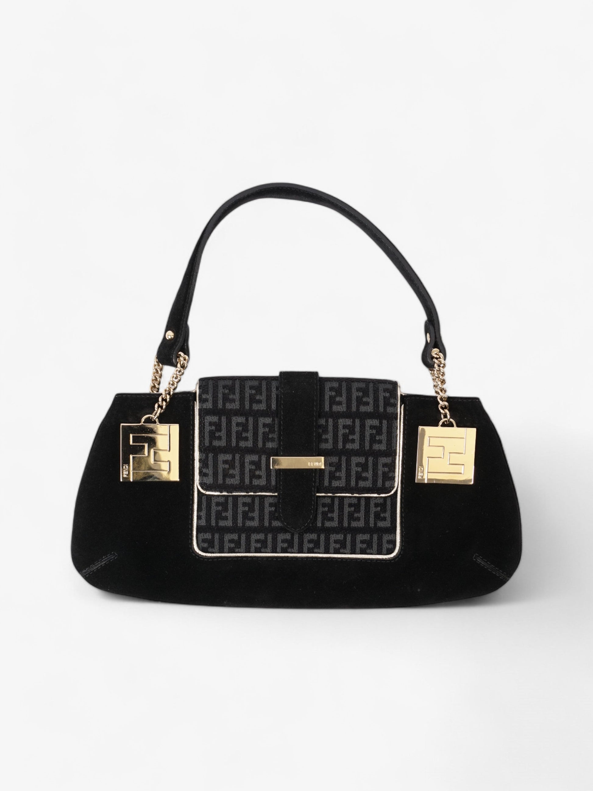 Fendi Zucchino Shoulder Bag Light Suede Black Gold