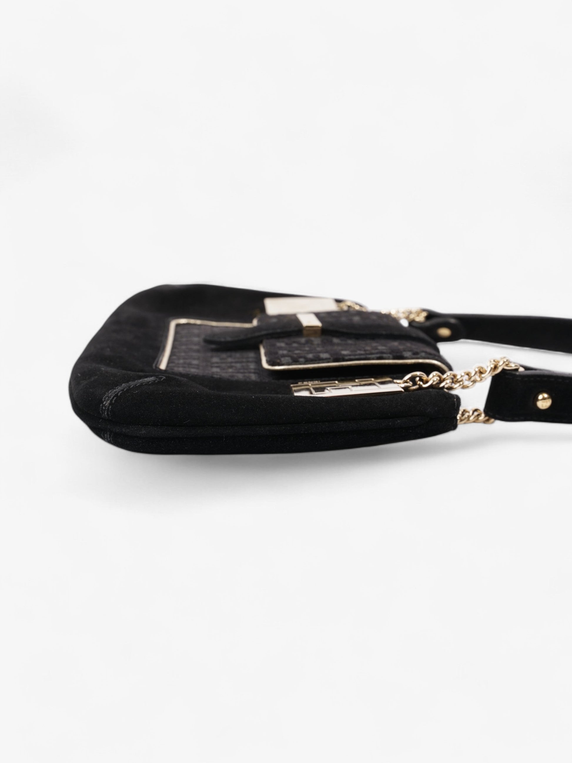Fendi Zucchino Shoulder Bag Light Suede Black Gold