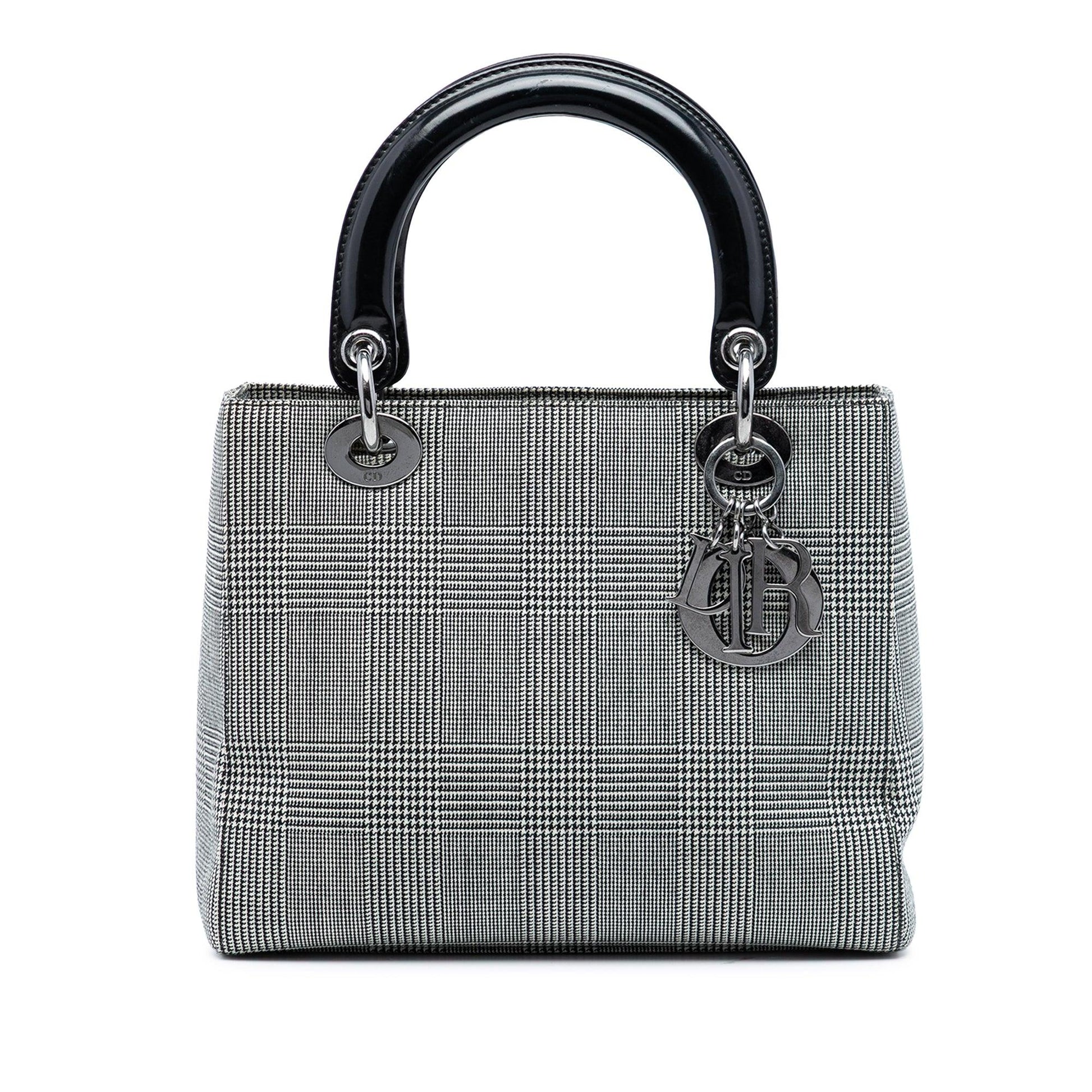 Dior Handbag Houndstooth Lady Satchel Canvas Gray Medium Satchel Bag