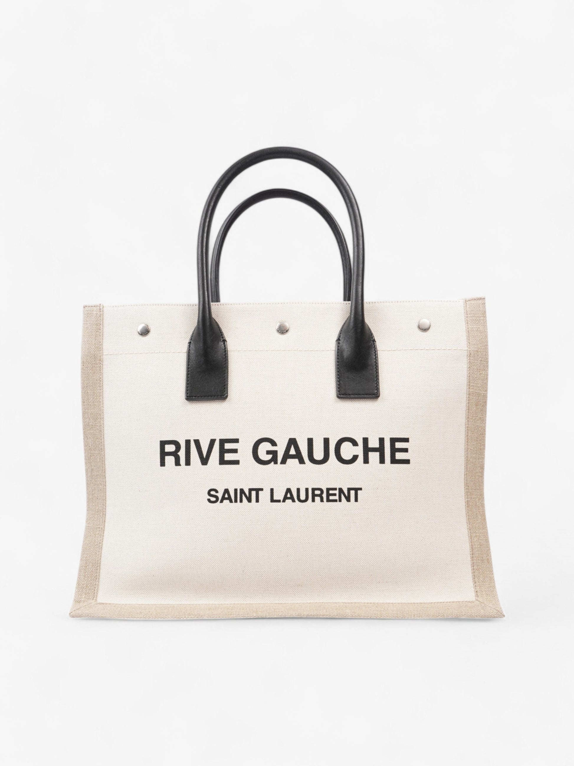 YSL Saint Laurent Rive Gauche Tote Greige Canvas Black Small Tote Bag