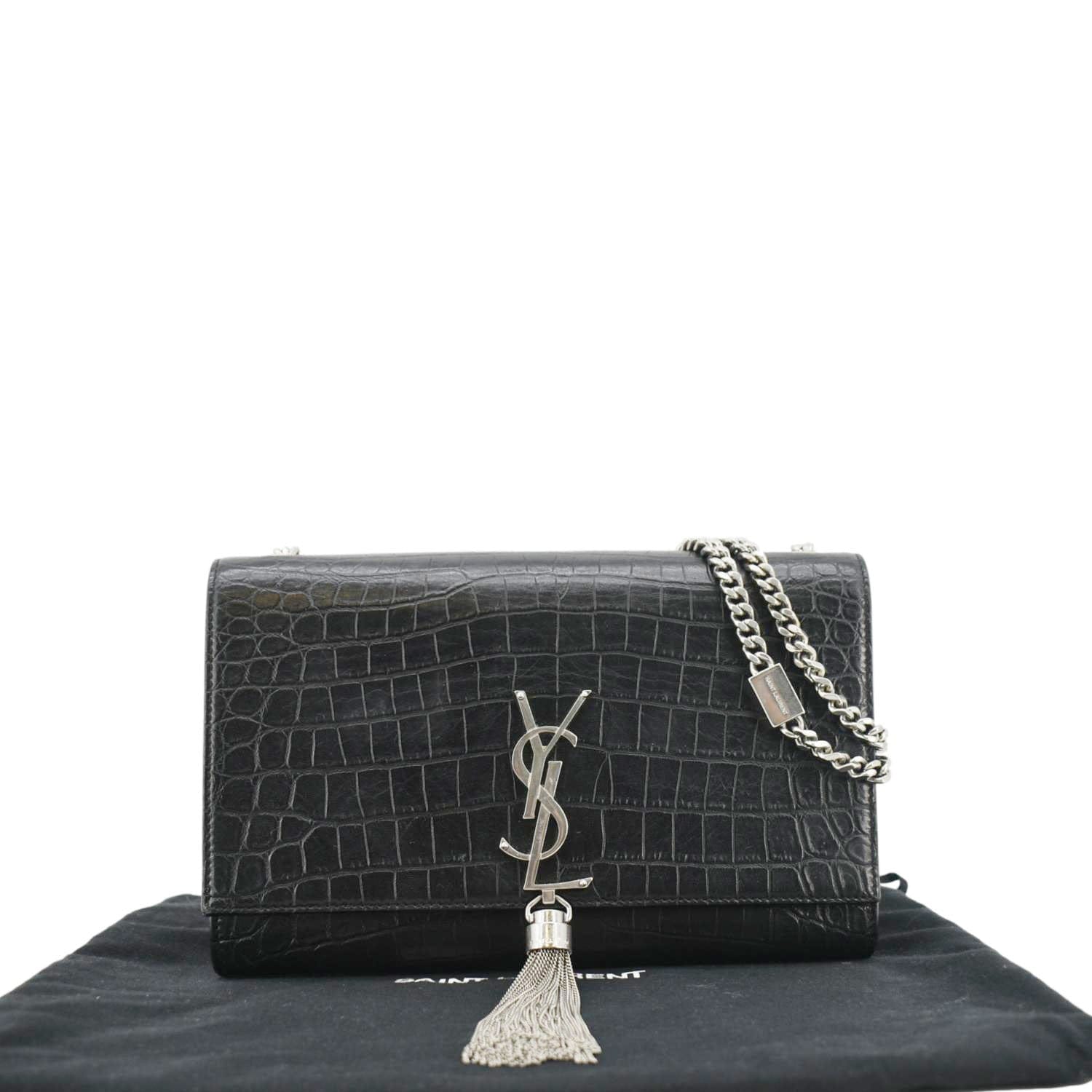 YSL Saint Laurent Yves Kate Tassel Crocodile Crossbody Bag Leather Black Medium