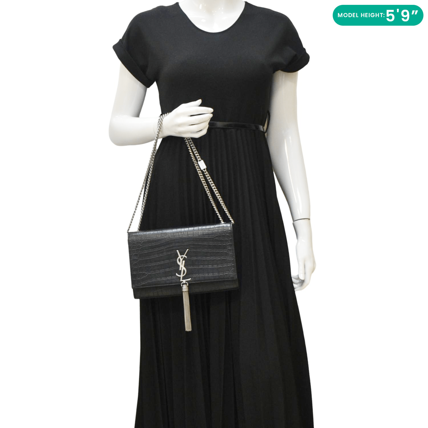 YSL Saint Laurent Yves Kate Tassel Crocodile Crossbody Bag Leather Black Medium