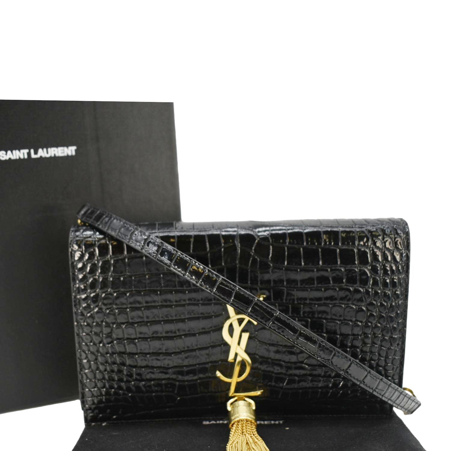 YSL Saint Laurent Yves Kate Tassel Crocodile Crossbody Bag Leather Black Embossed