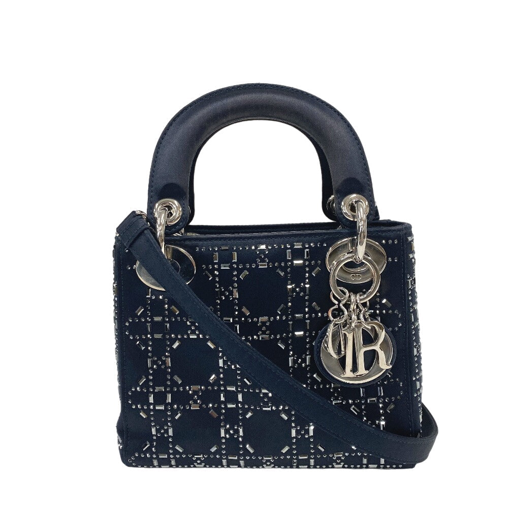 Dior Christian Shoulder Bag Lady Way Handbag Rhinestone Satin Black