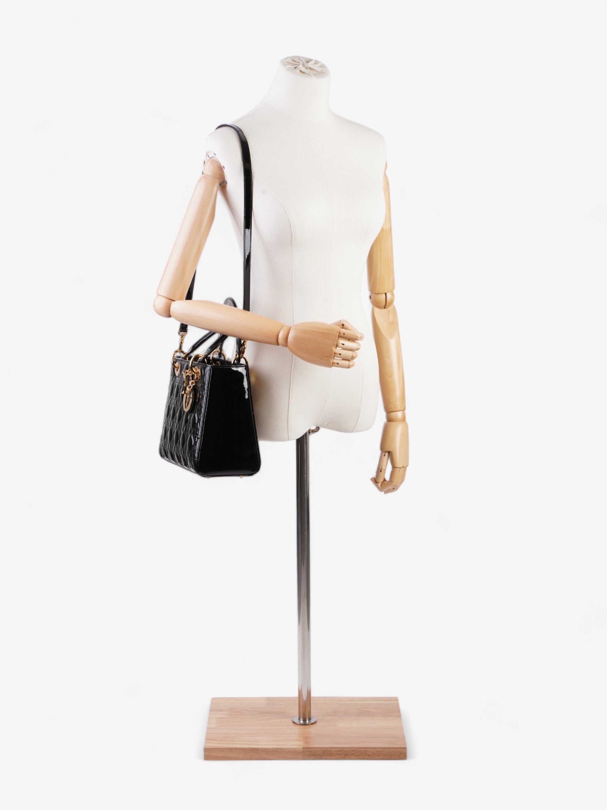 Dior Lady Handbag Leather Patent Black Travel Bag