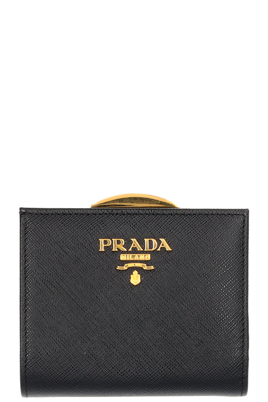 Prada Pushlock Compact Wallet Saffiano Black Handbag
