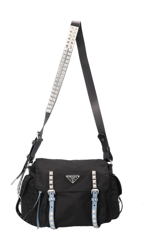 Prada Crossbody Bag New Vela Studded Nylon Black Blue
