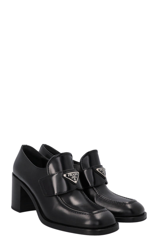Prada Loafer Heels Leather Black Logo Shoes