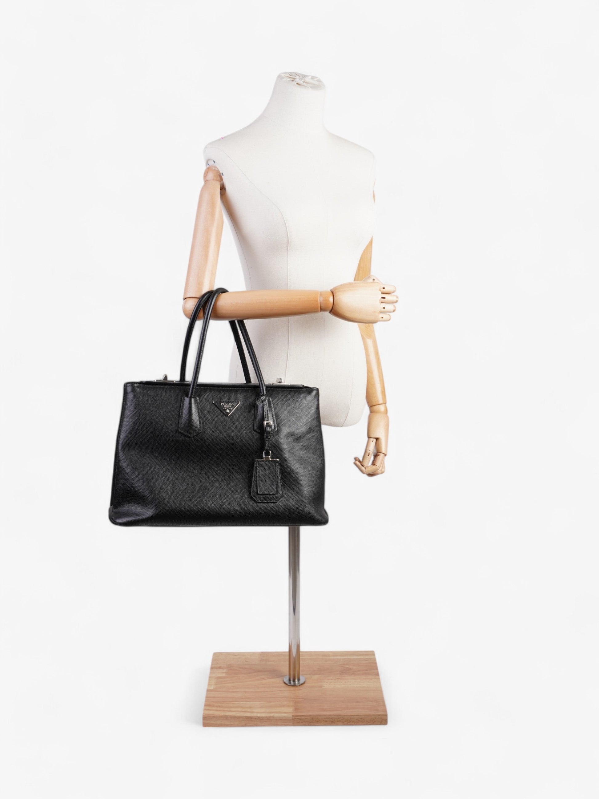 Prada Turnlock Twin Tote Leather Saffiano Black Tote Bag