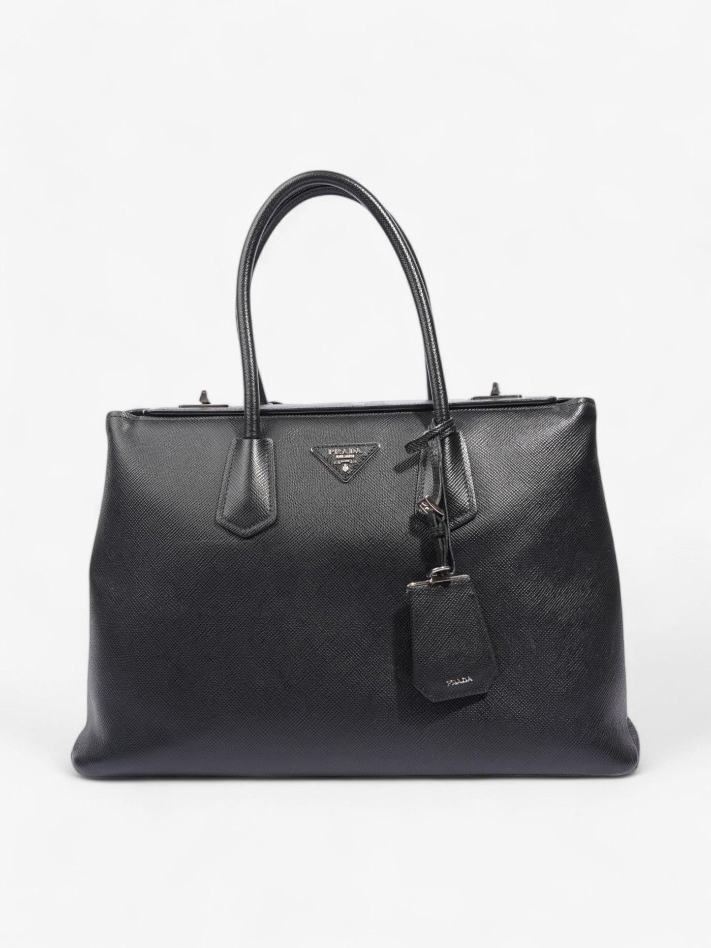 Prada Turnlock Twin Tote Leather Saffiano Black Tote Bag