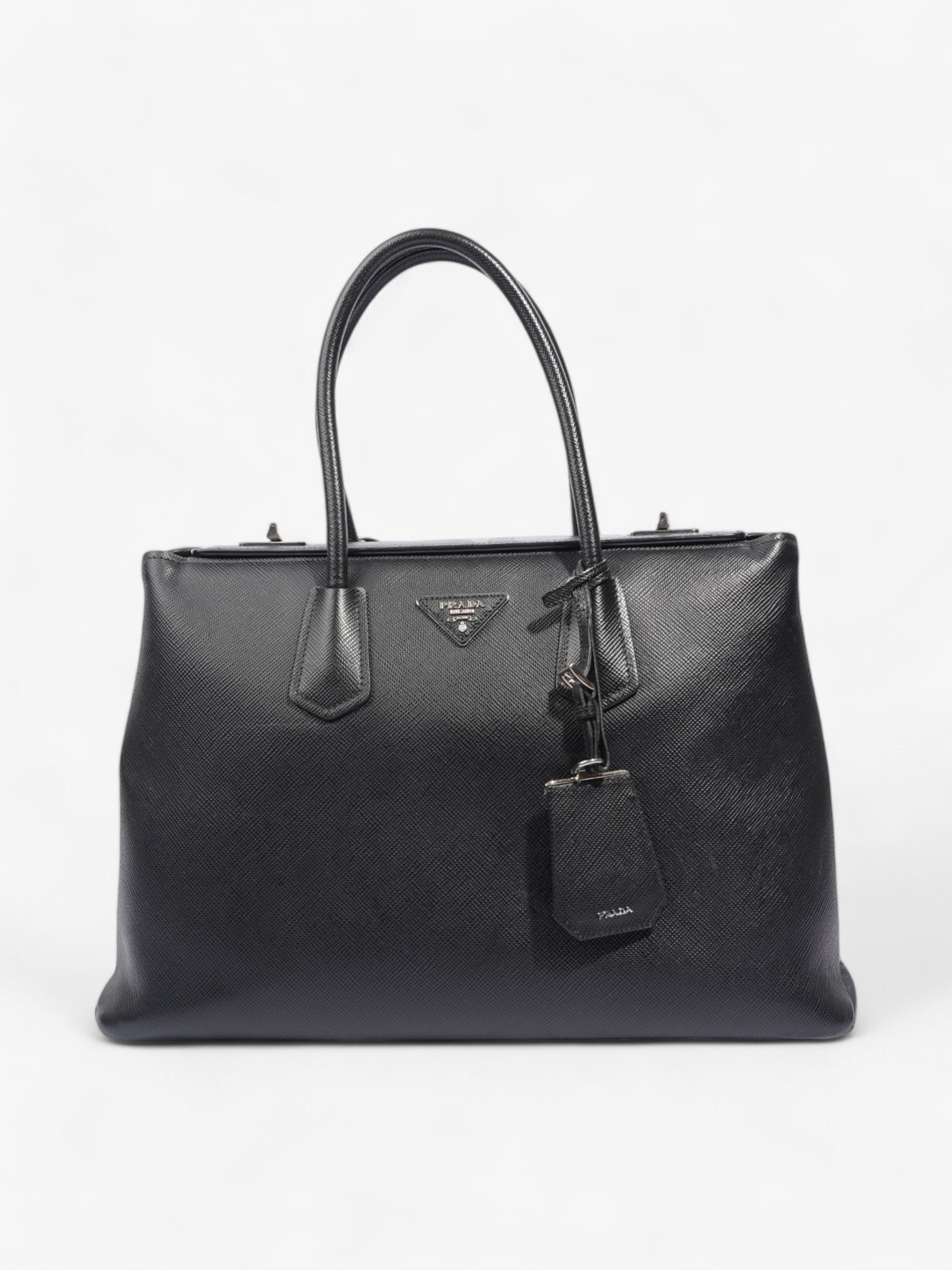 Prada Turnlock Twin Tote Leather Saffiano Black Tote Bag