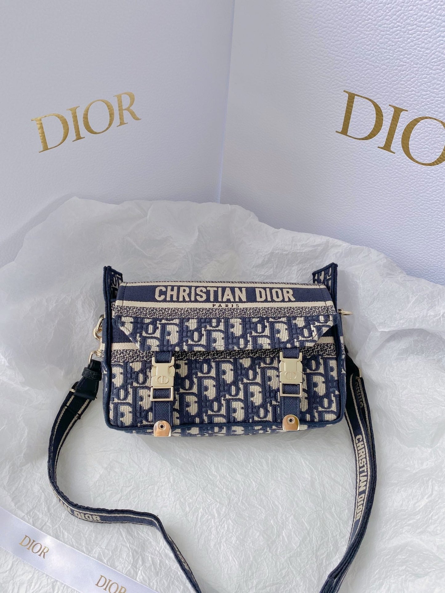 Oblique Embroidery Cd Blue Small Crossbody Bag