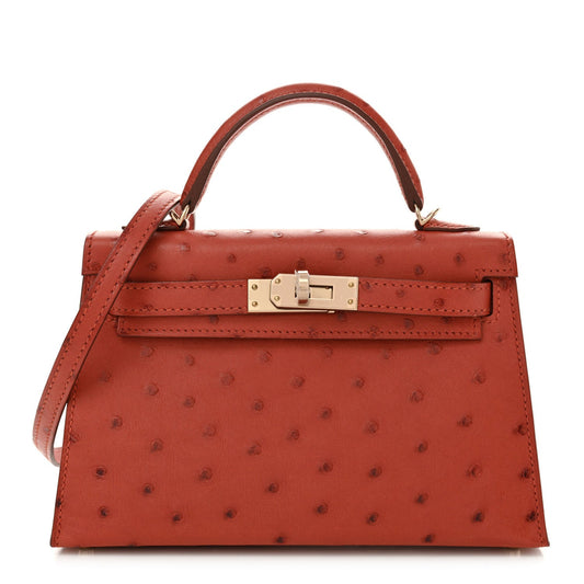 Hermes Ostrich Horseshoe Kelly Sellier Cuivre Rose Extreme Handbag Mini Shoes
