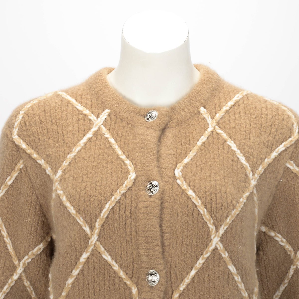Chanel Beige Cashmere Diamond Quilted Cardigan FR 40 Apparel