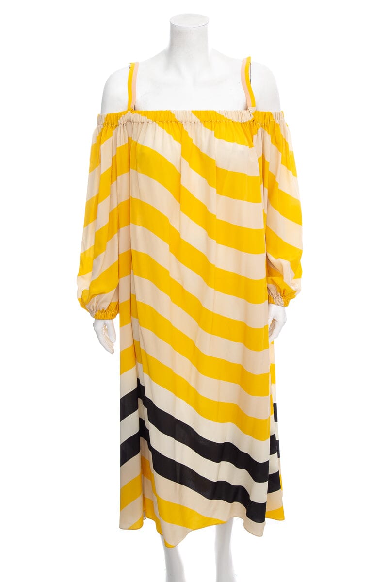Fendi Handbag and Stripped Printed Silk Dress SZ 42 Yellow Tan