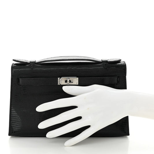 Hermes Lizard Kelly Pochette Clutch Black Clutch Bag